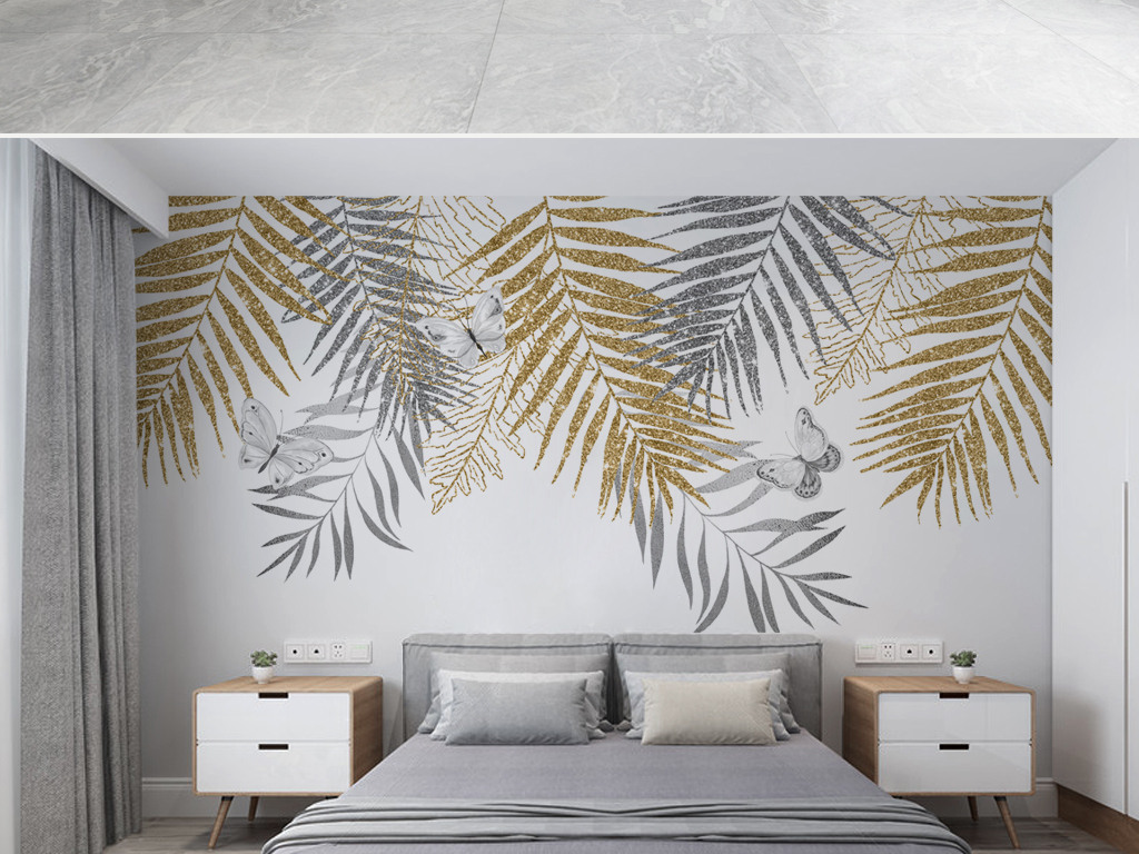 北歐現(xiàn)代輕奢棕櫚葉電視沙發(fā)背景墻壁紙壁畫